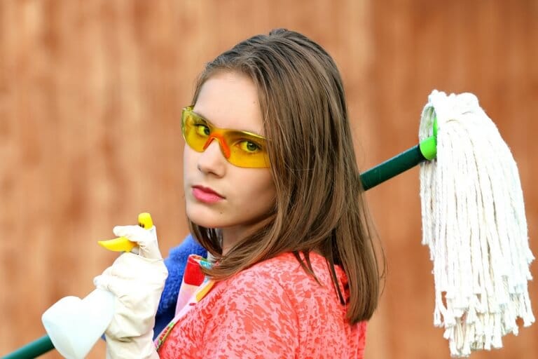 mother with mop and cleaning glasses