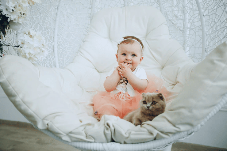 baby girl beside a cat on a hammock