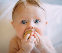 A baby with a building block in his mouth